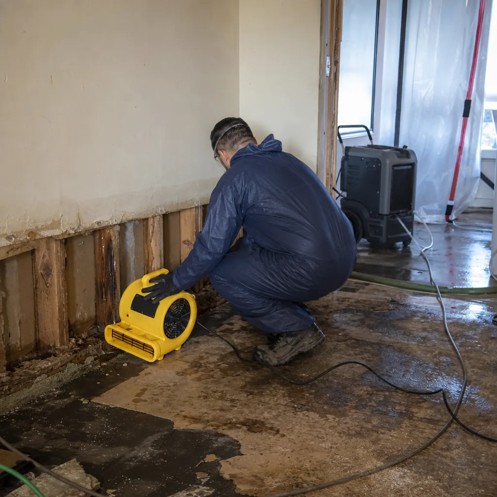 Restoration professional using industrial drying equipment for water damage repair in Manhattan, NY