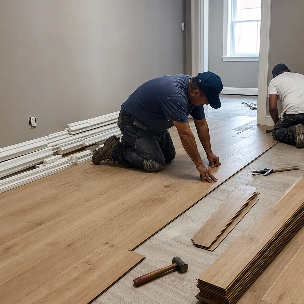 Contractors installing hardwood laminate flooring during home reconstruction and restoration. in Manhattan, NY