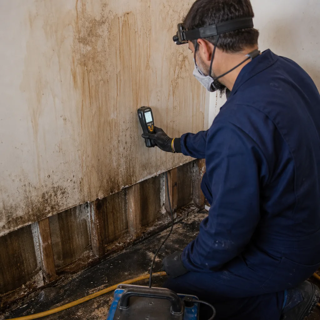 Technician using a moisture meter to inspect water damaged wall for mold in Manhattan, NY