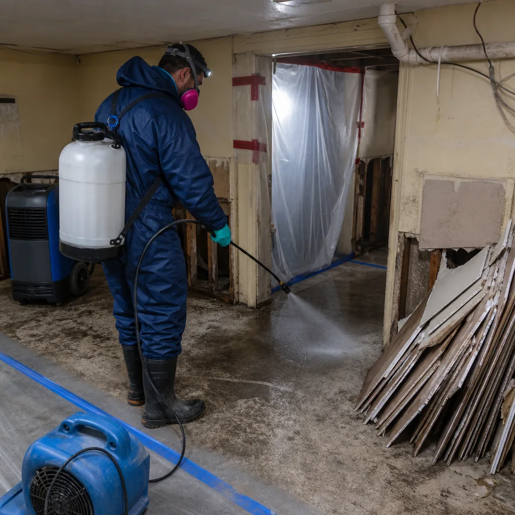 Technician in protective gear performing professional sewage cleanup and sanitation services. in Manhattan, NY