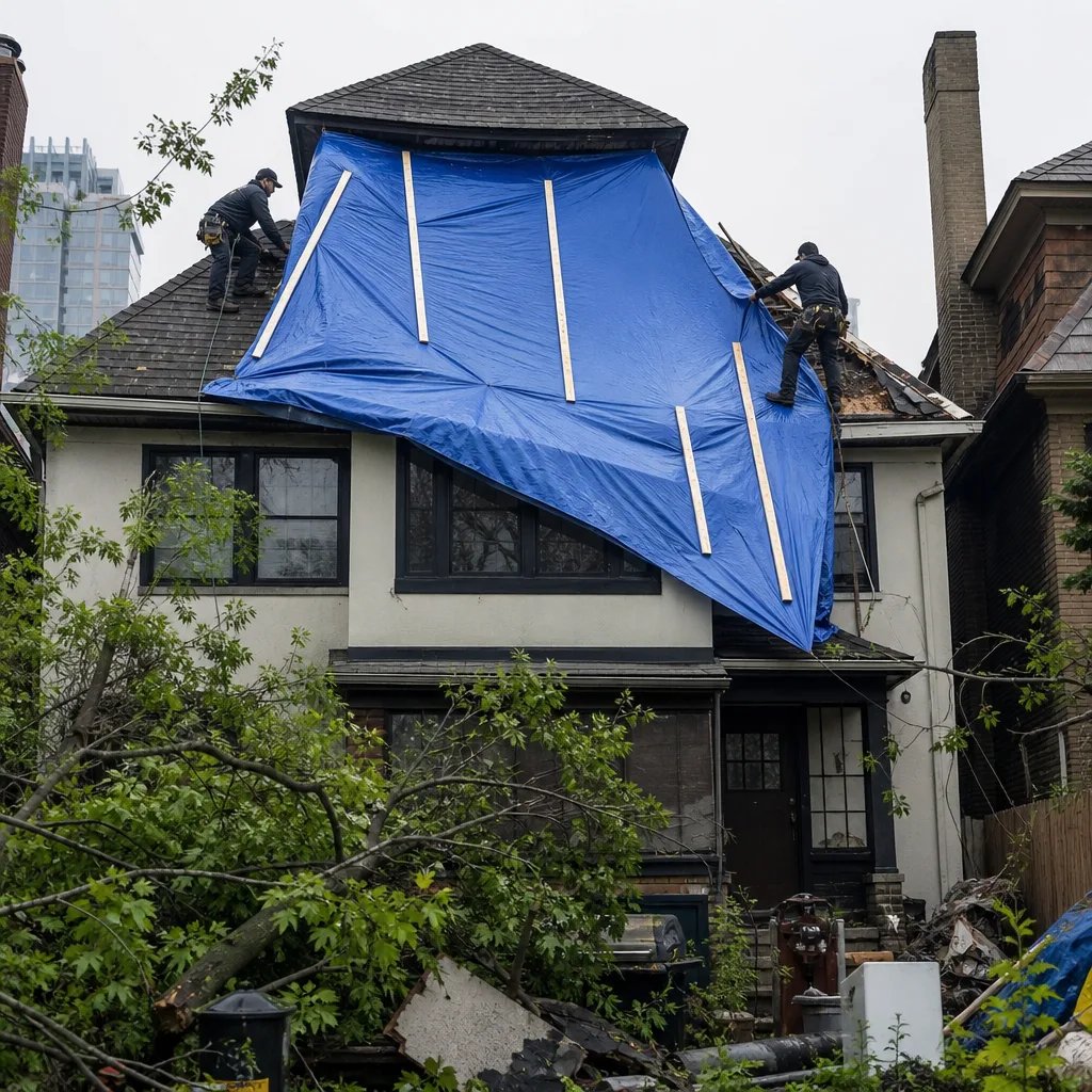 contractors securing a blue tarp on a storm-damaged residential house roof in Manhattan, NY
